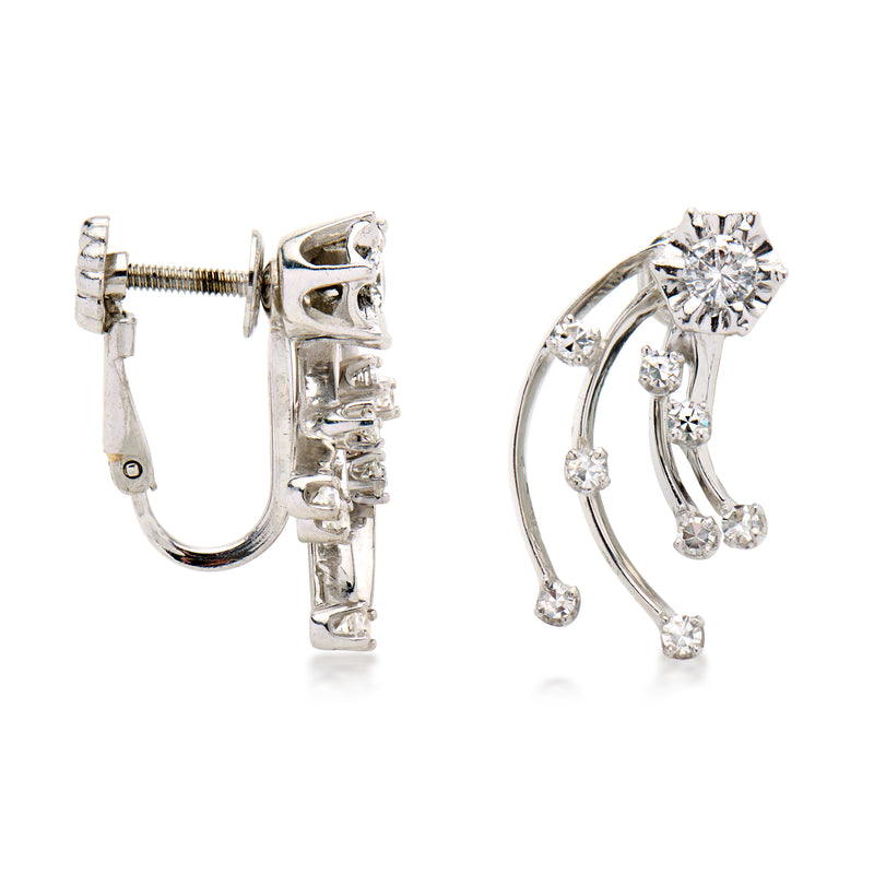 14kt white gold diamond burst clip earrings, side view with hinged closure