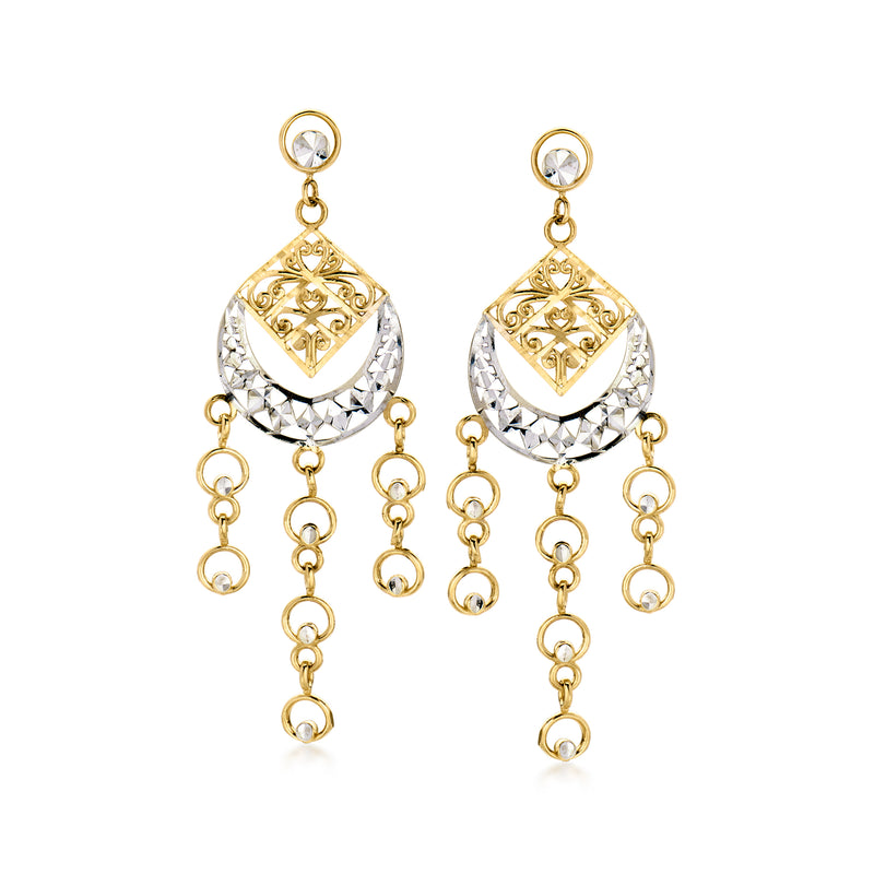 Two-tone gold chandelier drop earrings with filigree diamond accents and dangling chains