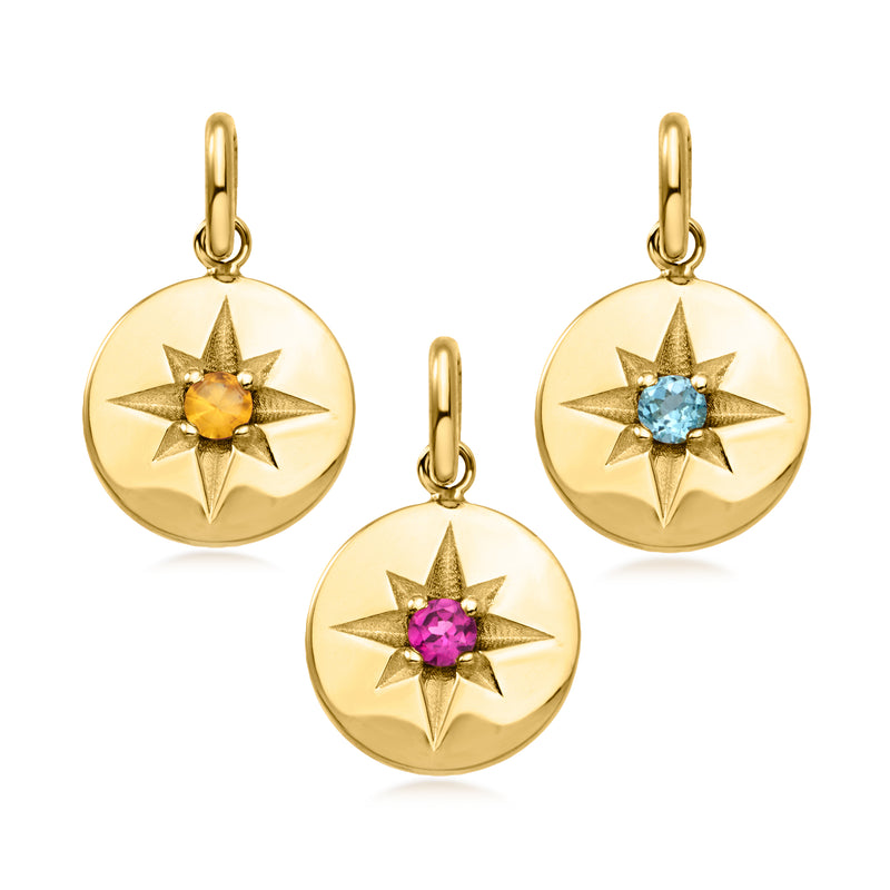 10kt yellow gold starburst birthstone charm set with 3 round charms: yellow, blue, pink