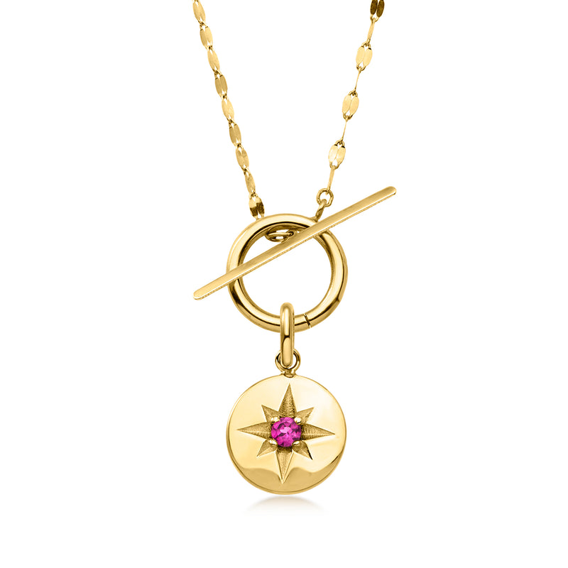 10kt yellow gold starburst pendant charm on delicate chain, purple round stone
