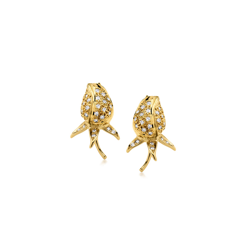 Vintage rosebud diamond stud earrings in 18kt yellow gold, bow accents