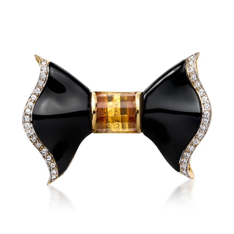 Onyx and citrine bow pin/pendant in yellow gold with diamond accents