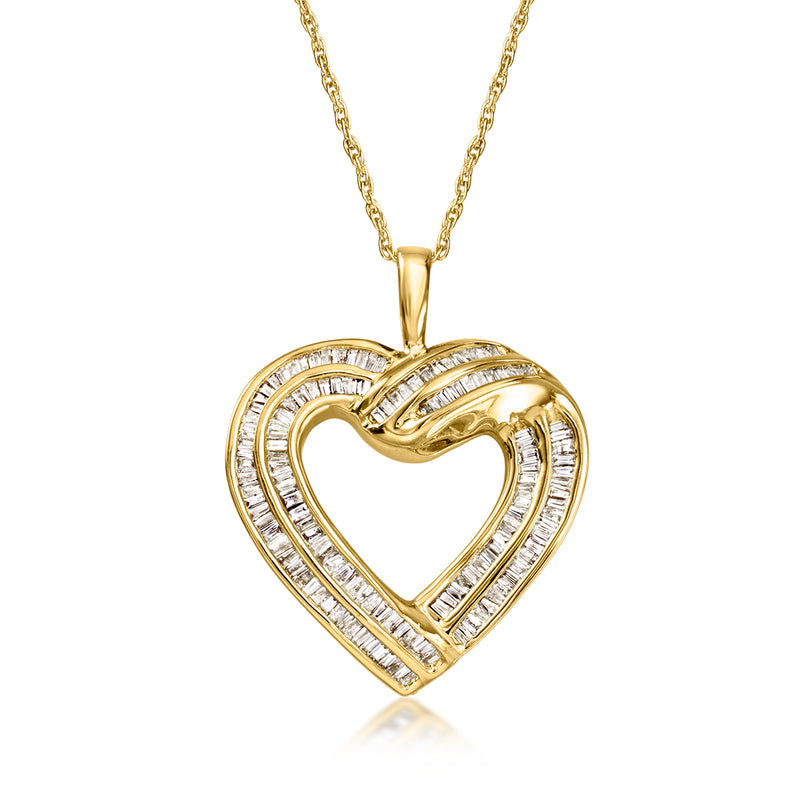 14kt yellow gold heart diamond pendant necklace, baguette-cut diamonds
