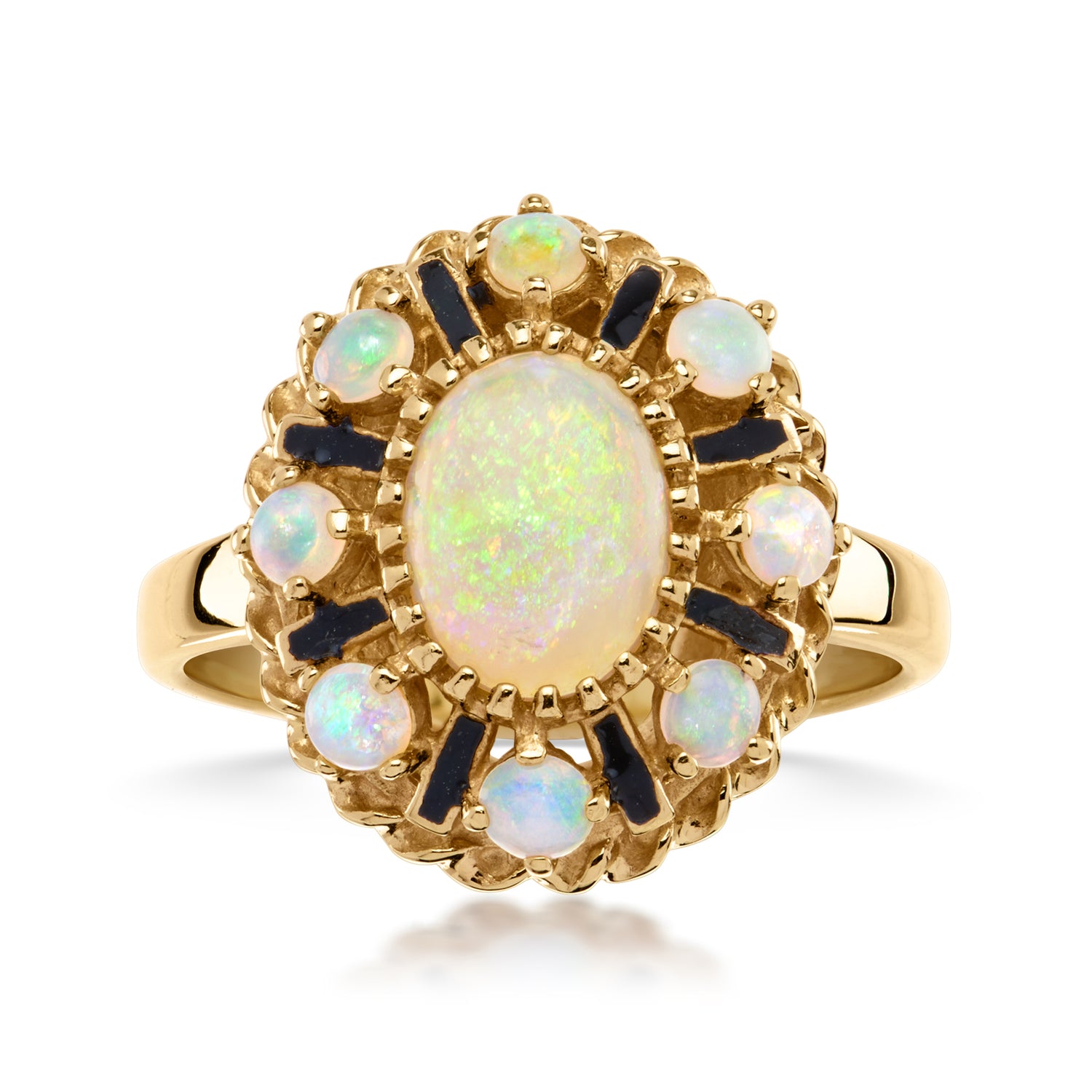 C. 1970 Vintage Opal Ring with Black Enamel in 14kt Yellow Gold