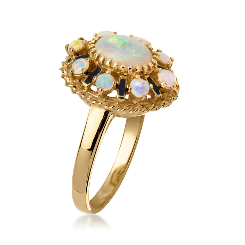 14kt yellow gold opal ring with black enamel and clustered oval opal centerpiece