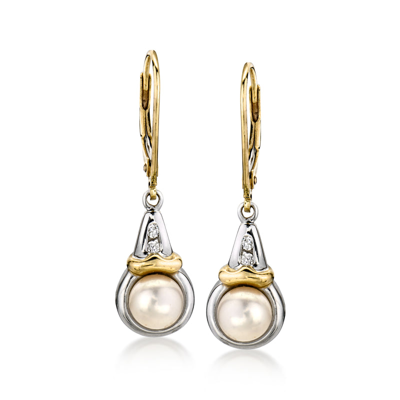 Two-tone gold cultured pearl drop earrings with diamond accents