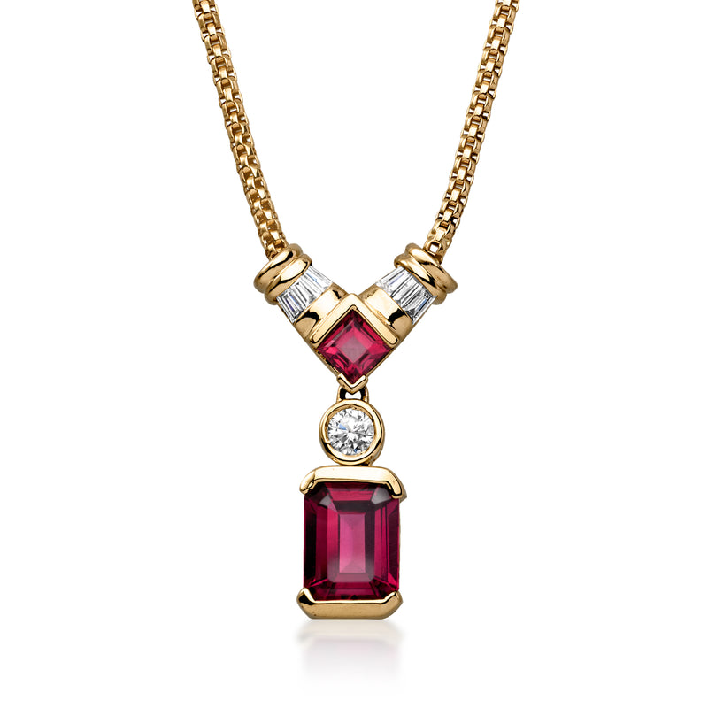 Vintage 14kt yellow gold necklace with red rhodolite garnet and round diamond accents