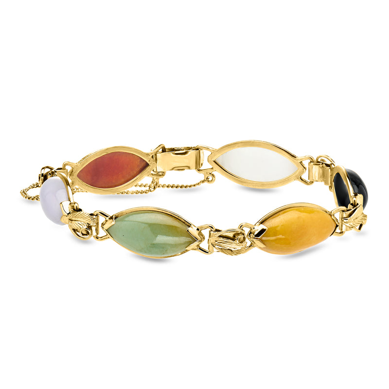 Vintage 14kt yellow gold jade bracelet with multicolor oval stones: red, green, white, amber