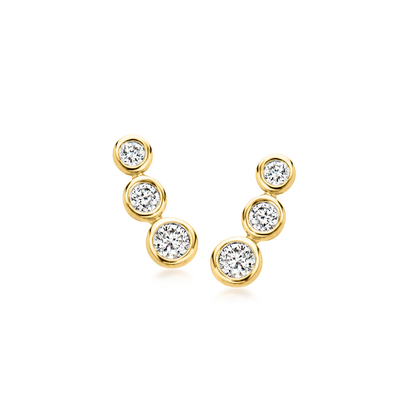 Gold trio stud earrings with three round bezel-set lab diamonds on posts