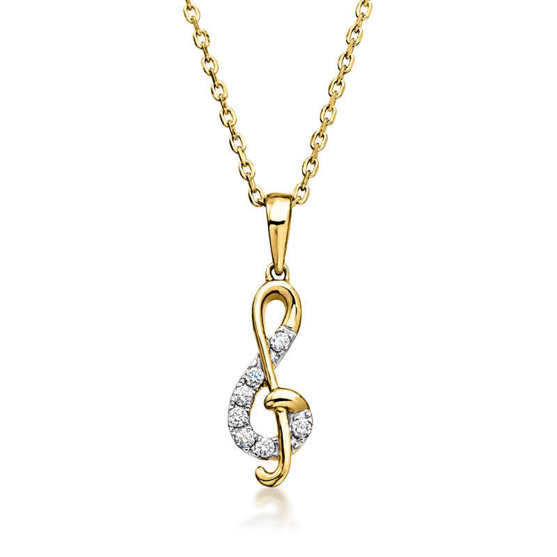 Gold treble clef pendant necklace with lab-grown diamond accents on a chain