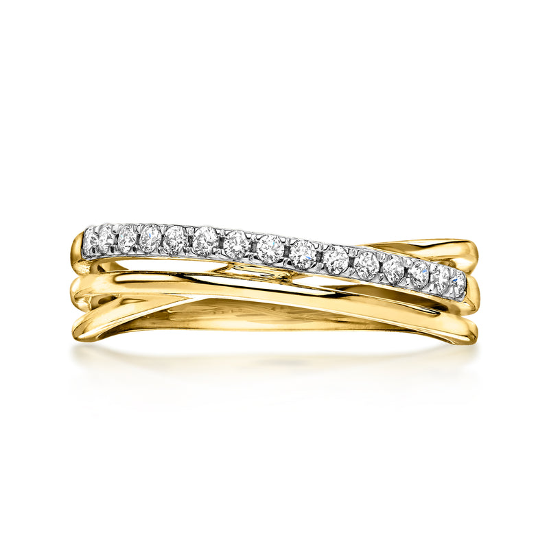 Gold-tone crisscross diamond band ring with a row of small clear stones