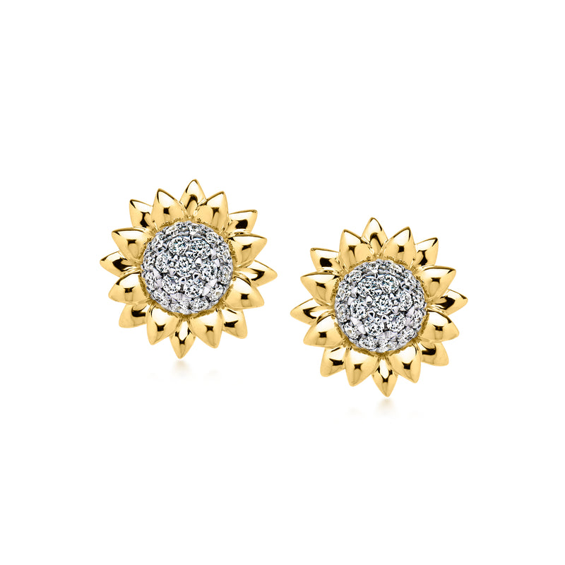 Gold sunflower stud earrings with round diamond-like center cluster
