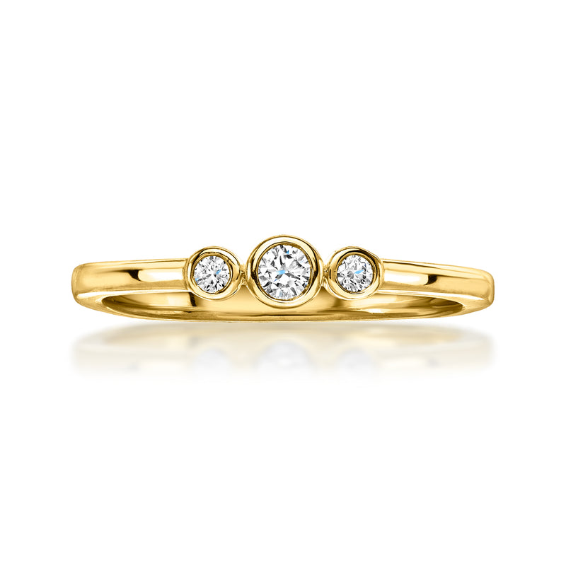 18kt gold bezel diamond ring with three round lab-grown stones, slim band