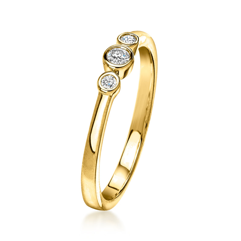 Gold-tone bezel-set ring with three round diamonds, curved profile side view