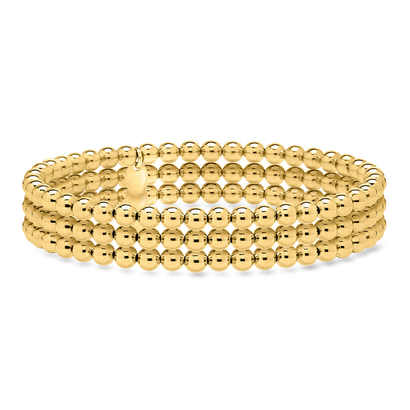 Yellow gold bead stretch bracelet set of three with round beaded rows