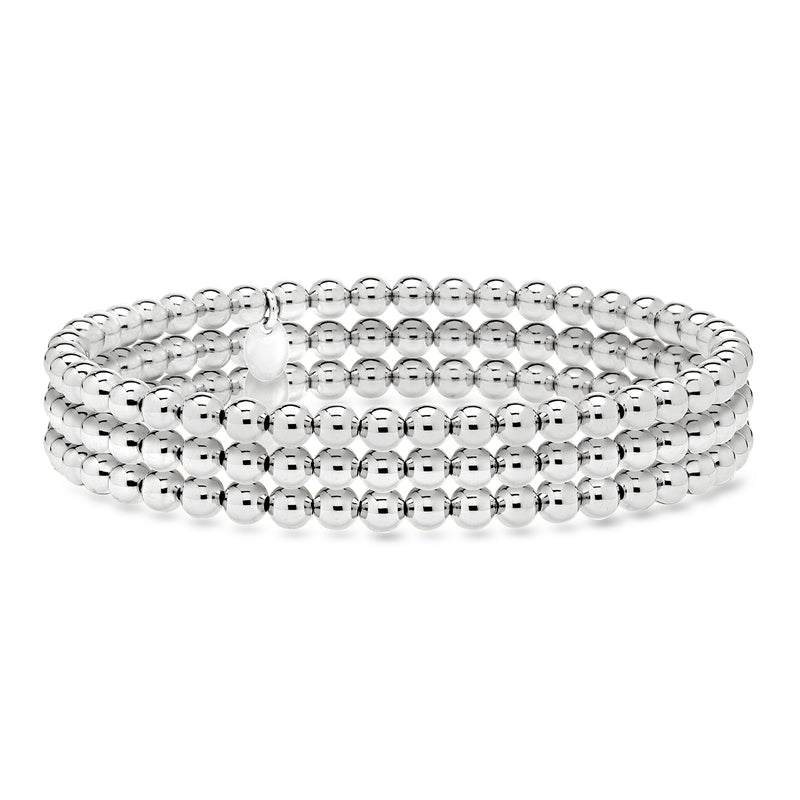 Three rhodium-plated round bead stretch bracelets, 4mm balls, stacked look