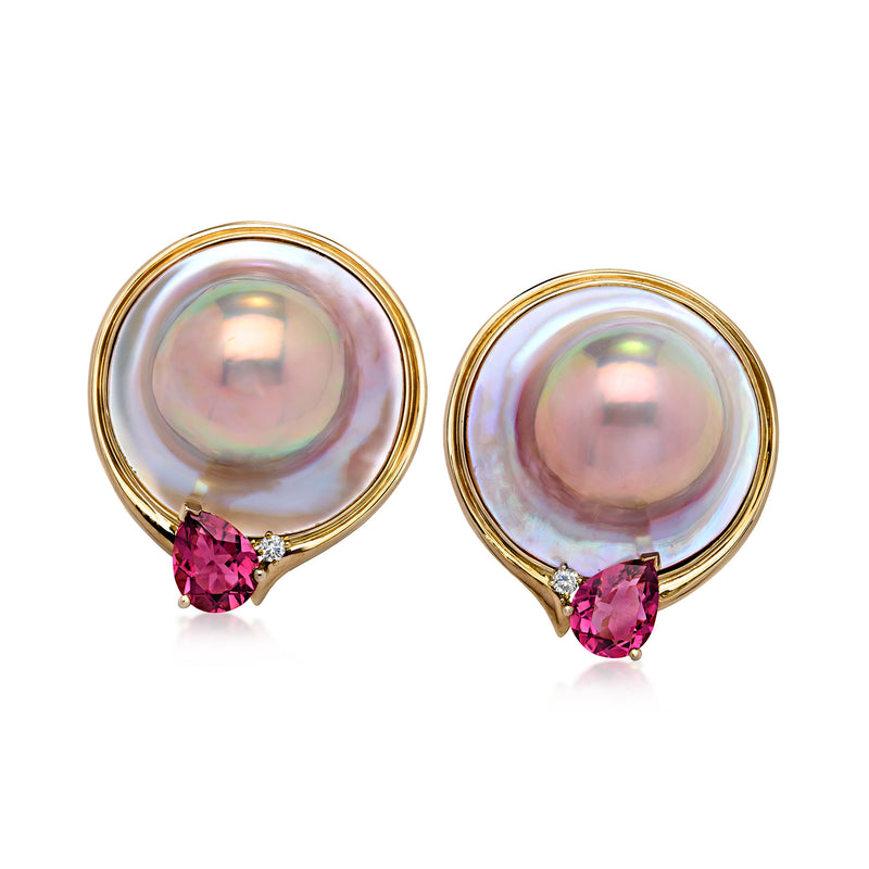 Yellow gold clip/post earrings with blister pearl discs and pink tourmaline, diamond accents