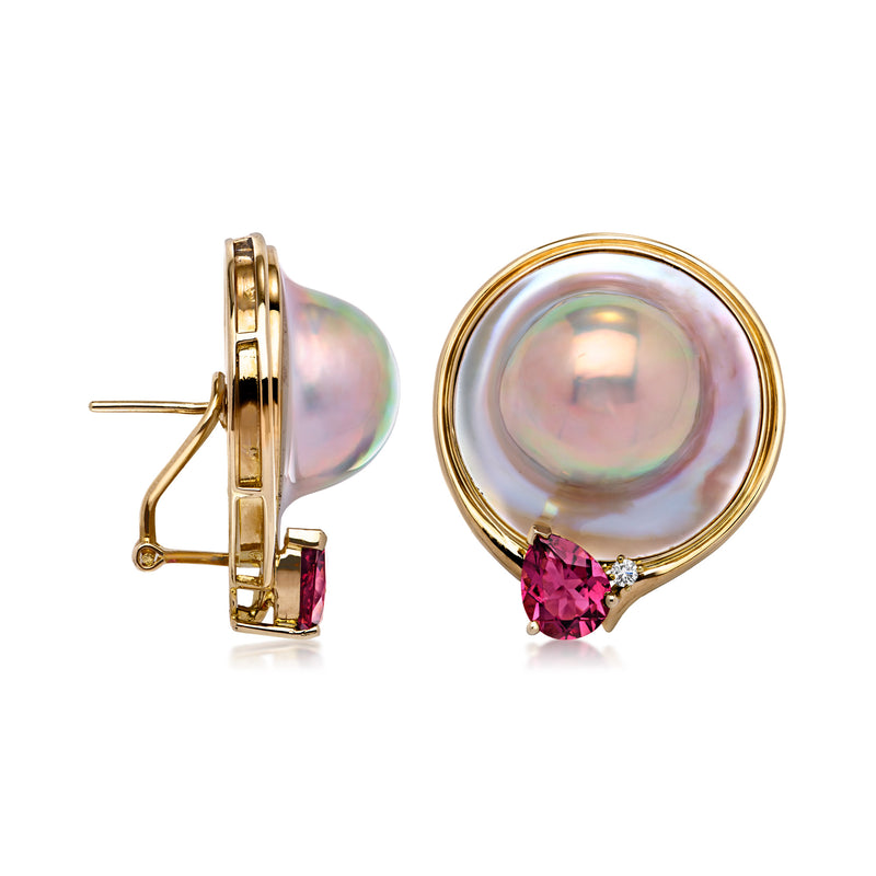 Yellow gold clip/post earrings, side view: blister pearl disc, pink tourmaline, small diamonds