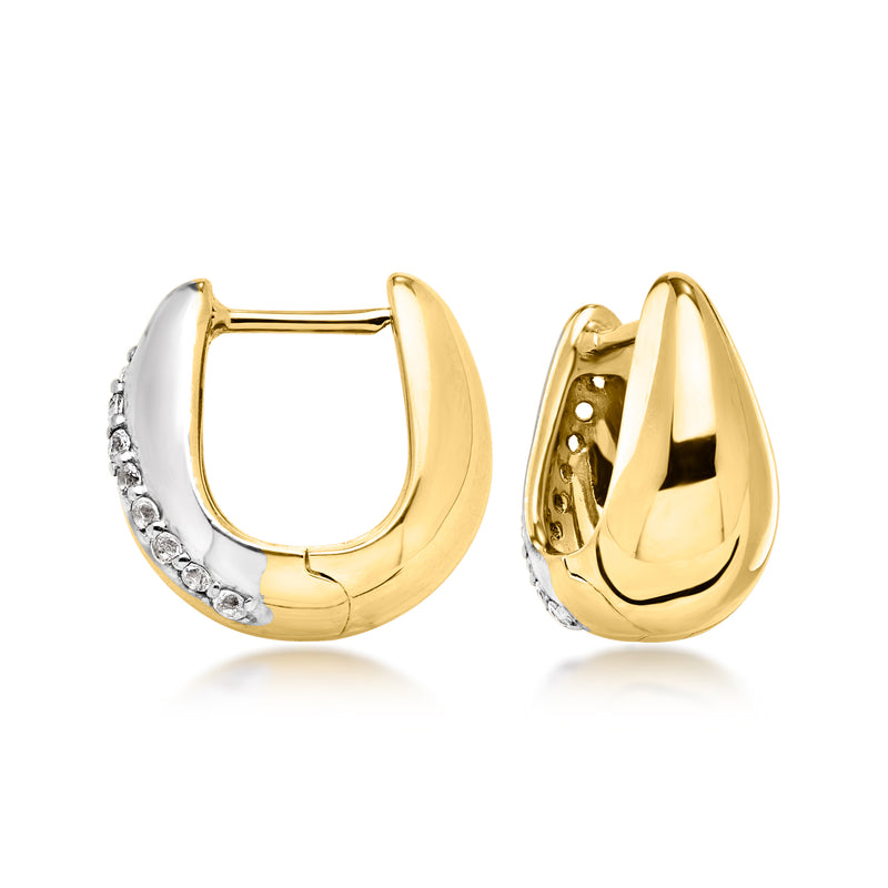 Reversible silver and gold curved hoop post earrings with white topaz-style stones