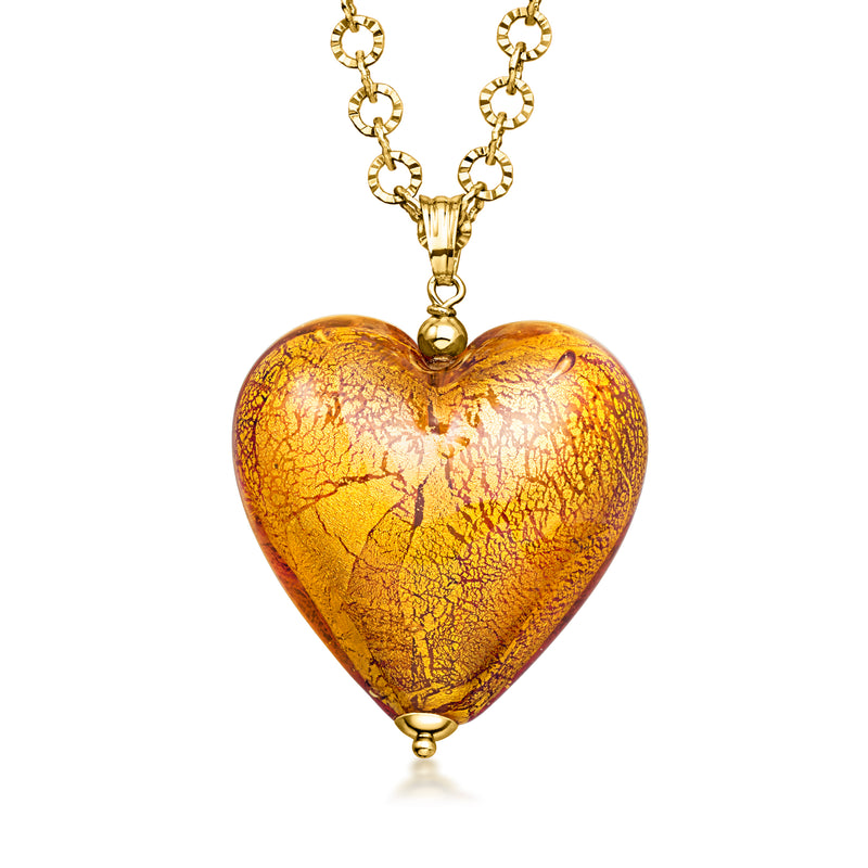 Amber Murano glass heart pendant necklace with 14kt yellow gold-plated chain