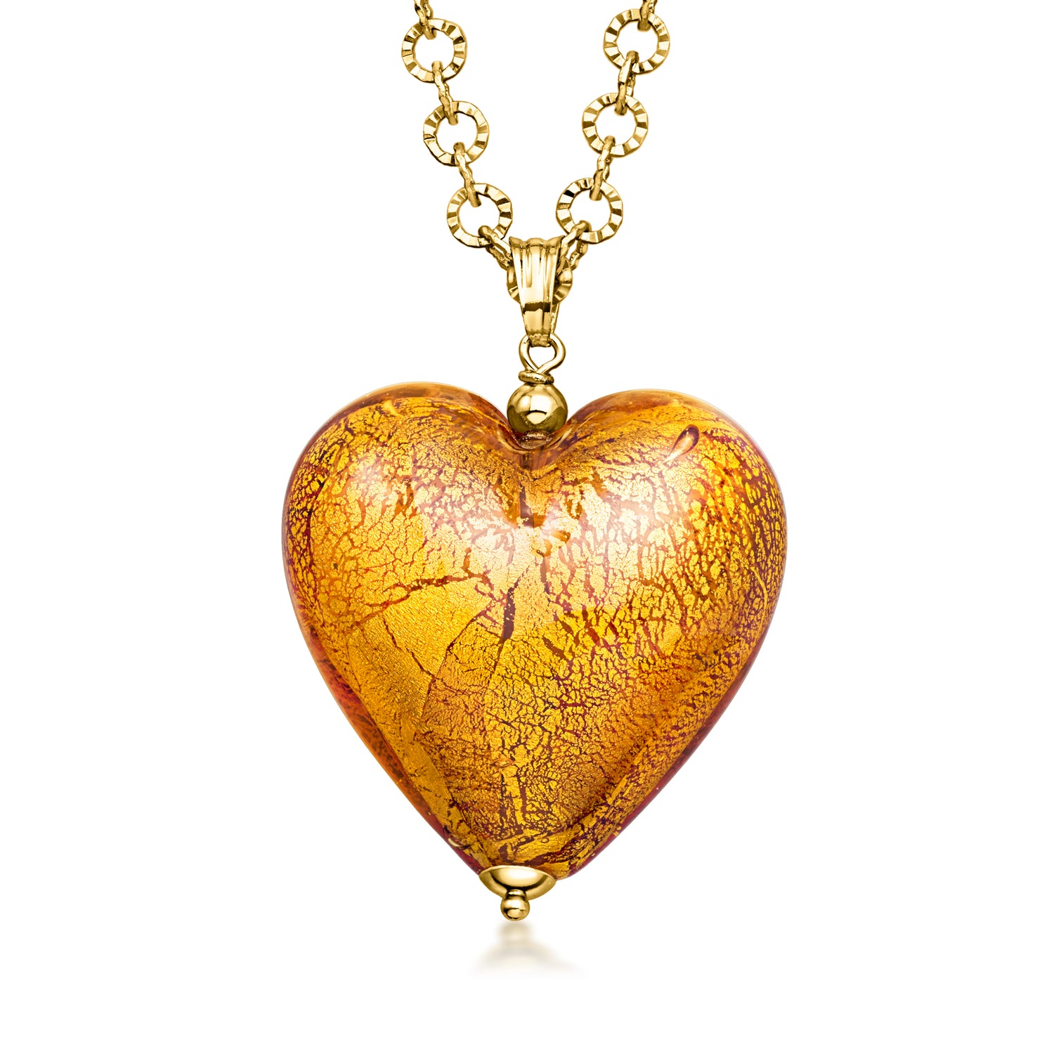 Italian Amber-Colored Murano Glass Heart Necklace with 14kt Yellow Gold-Plated Chain