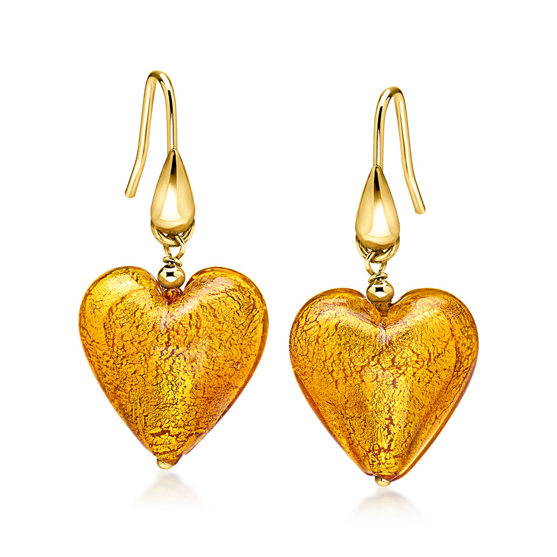Amber Murano glass heart drop earrings with gold-tone earwires, dangling on hooks