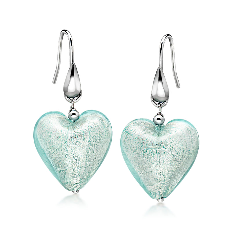 Aqua-blue Murano glass heart drop earrings with silver earwires, pair