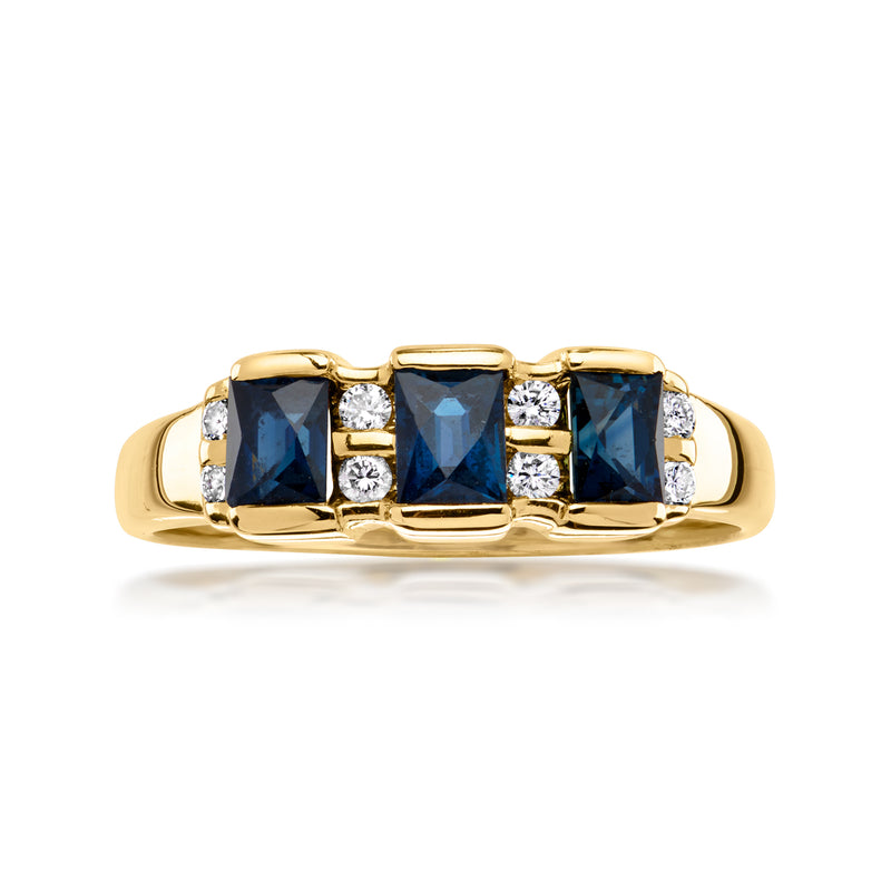 14kt yellow gold sapphire and diamond band ring with three dark blue stones