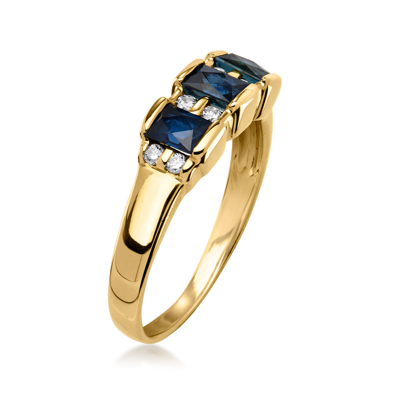 14kt yellow gold ring with three dark blue sapphire stones and small diamond accents