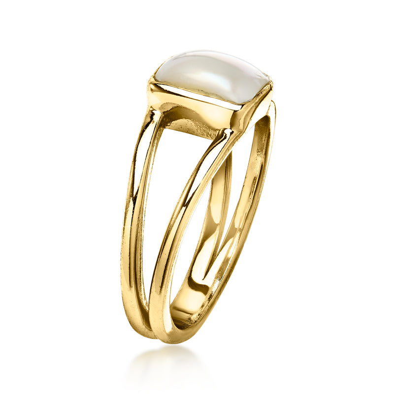 Gold-tone ring angled view with square pearl-like top and open-frame bands