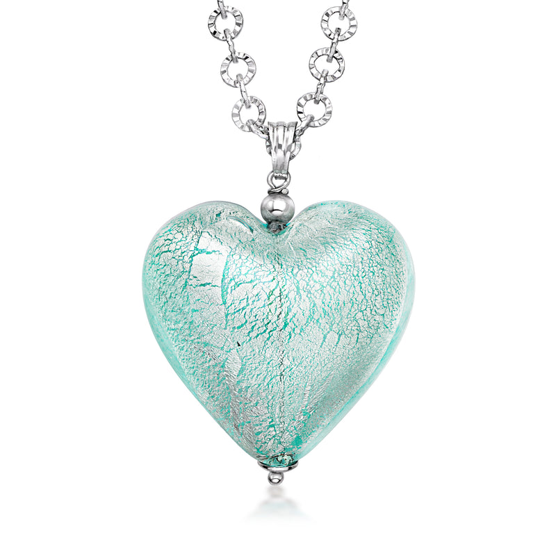 Aqua-blue Murano glass heart pendant necklace with rhodium-plated silver chain