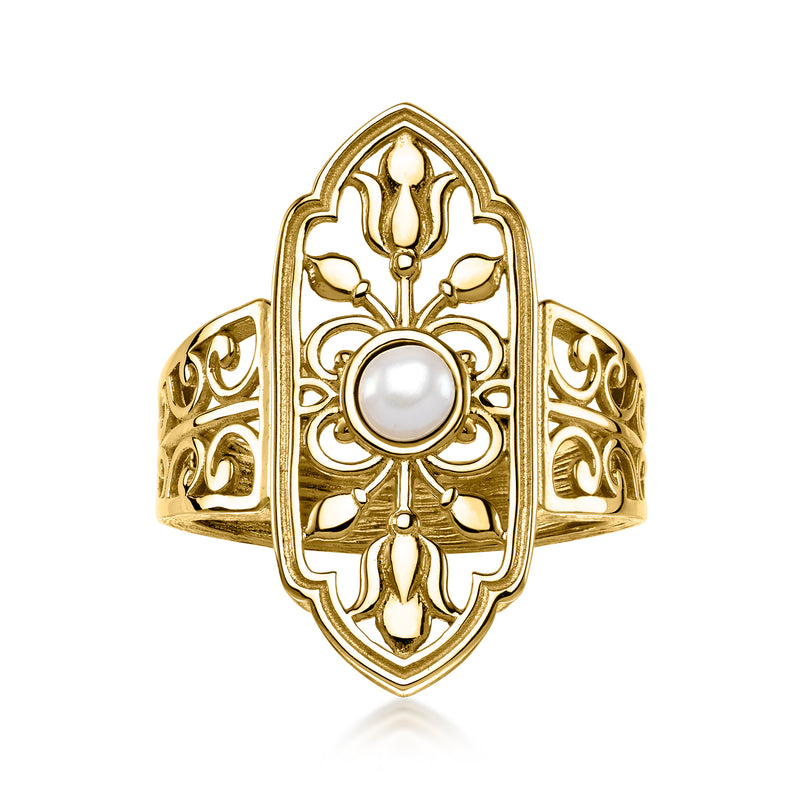 Gold-plated floral openwork ring with round pearl center, vintage scroll design