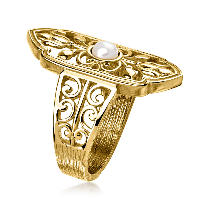 Gold-plated openwork ring with cultured pearl bezel, ornate side scroll pattern