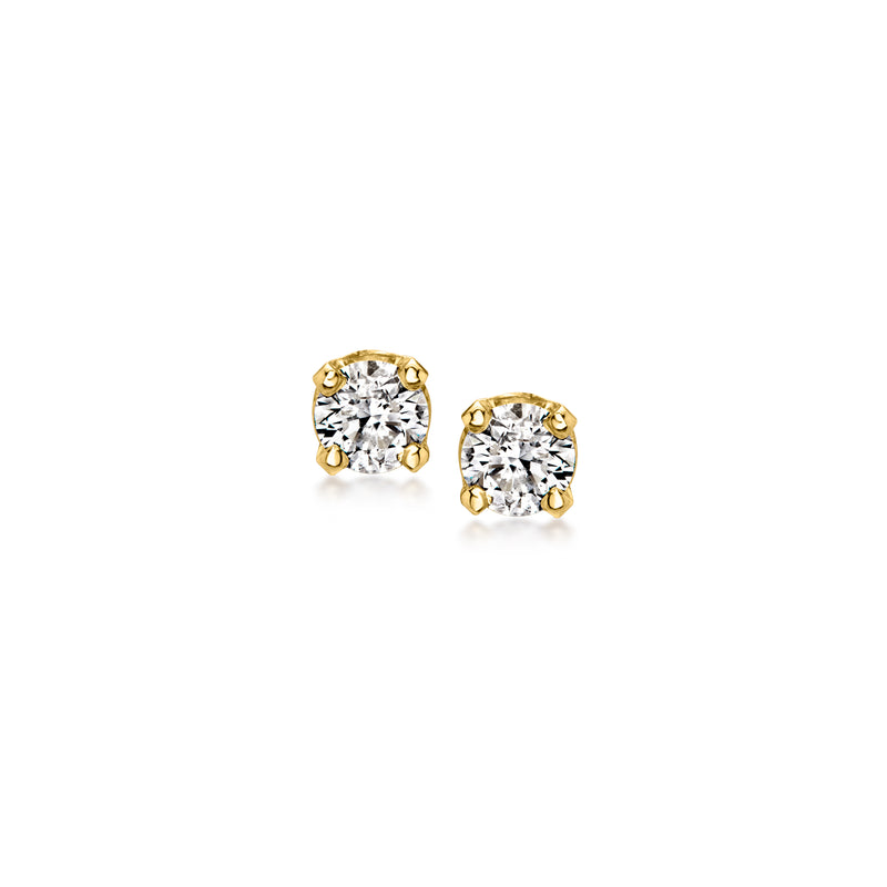 14k yellow gold round diamond stud earrings, bezel-set with four-prong halos