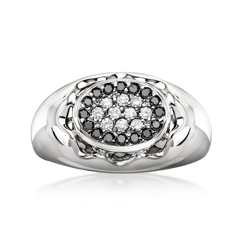 Vintage oval diamond cluster ring in 14kt white gold with black and white stones
