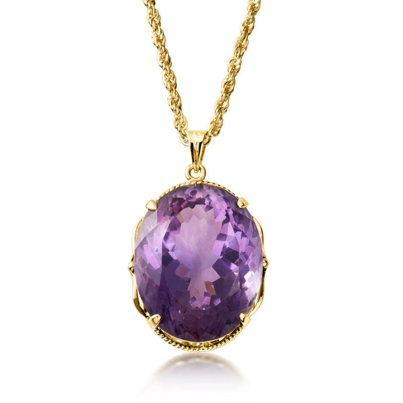 Oval amethyst pendant necklace in 14kt yellow gold with chain and purple stone