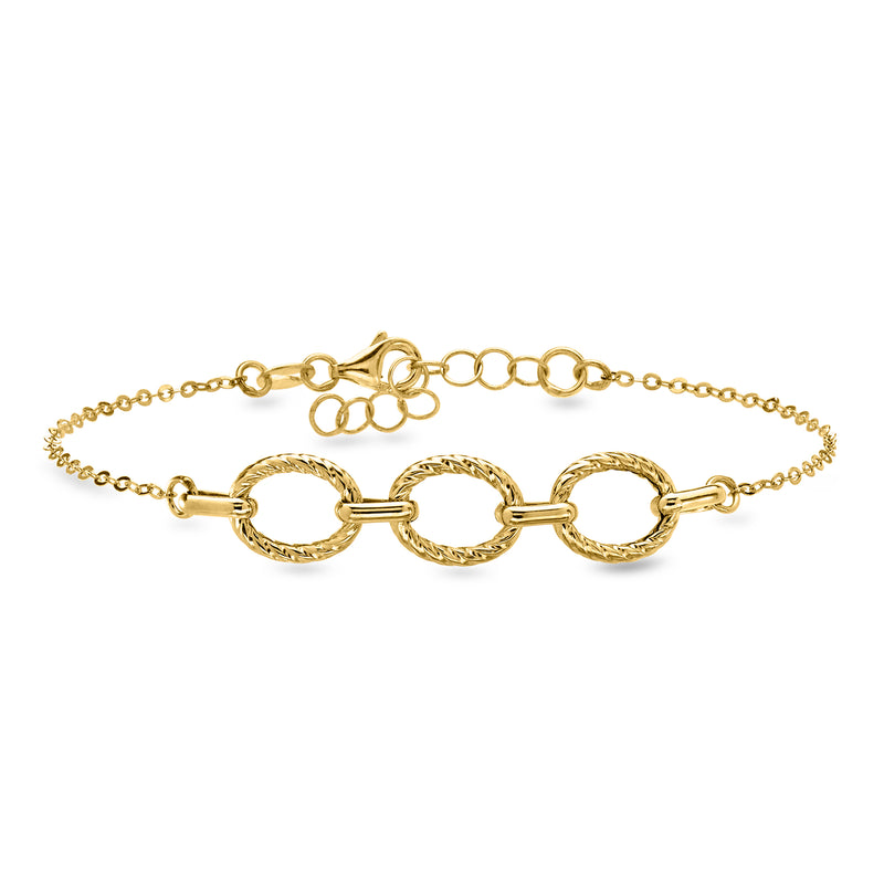 Yellow gold paper clip link bracelet with three twisted oval ring links, chain