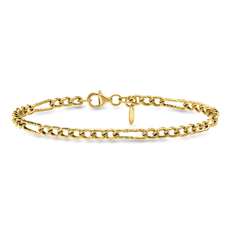 Yellow gold link station bracelet with curb and paper clip chain links