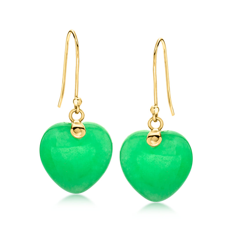 Green heart drop earrings in 10kt yellow gold with earwire hooks