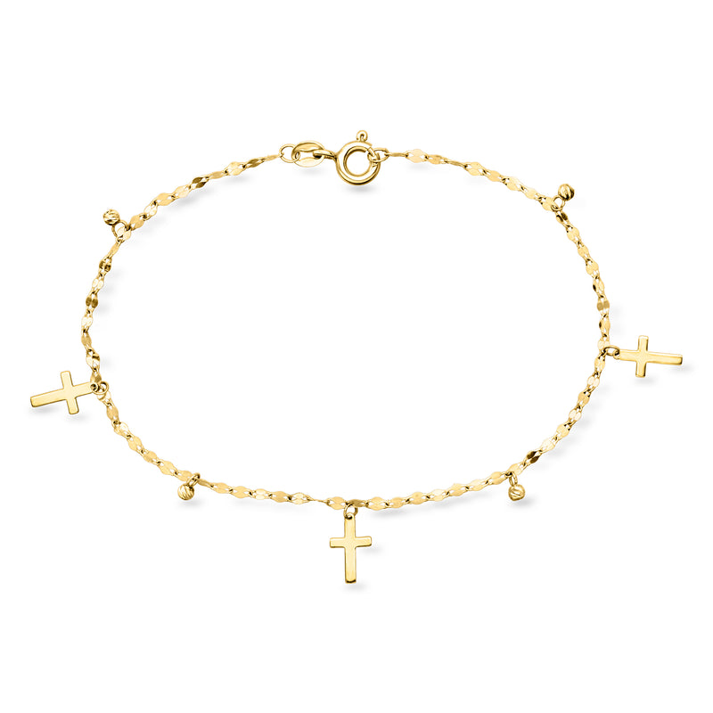 10kt yellow gold cross bead station bracelet with three cross charms and link chain