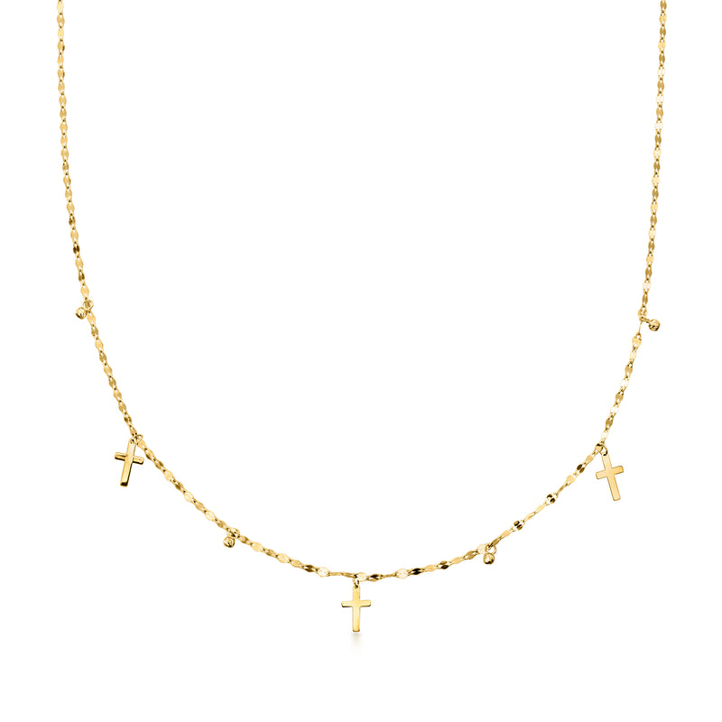 Yellow gold cross bead station necklace with small dangling cross charms on chain
