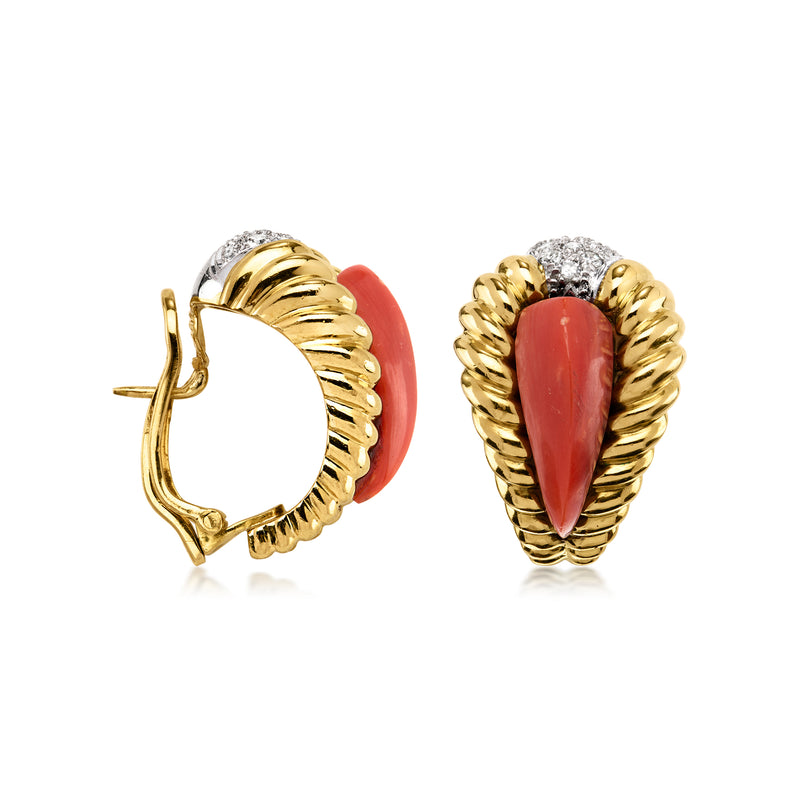 Vintage coral curved clip earrings, 18kt yellow gold with diamond accents