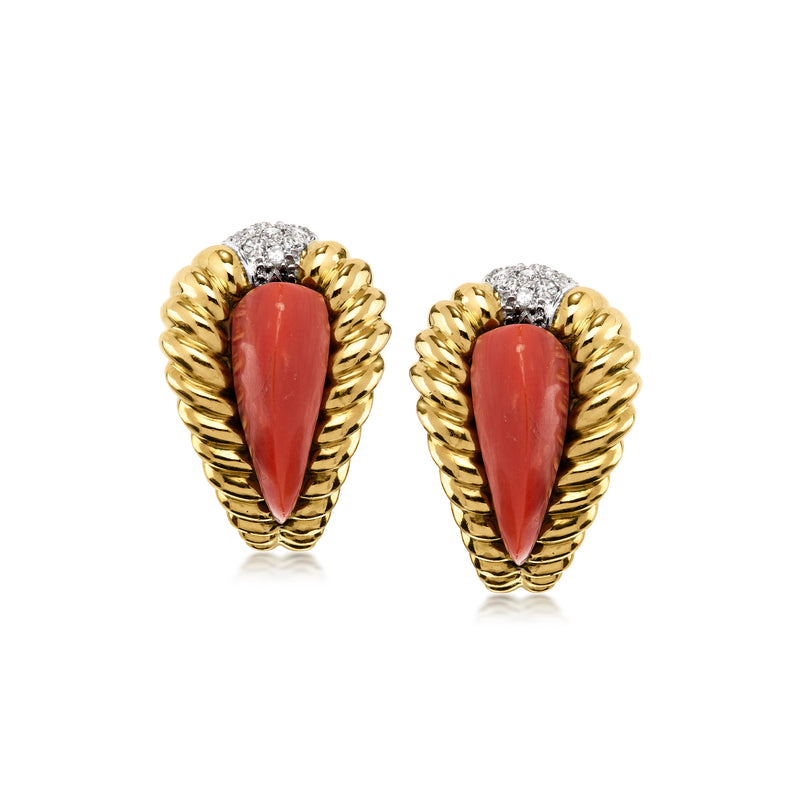 Vintage coral teardrop clip earrings, 18kt yellow gold with diamond tops