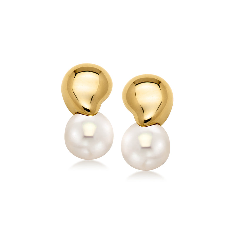 18kt yellow gold drop earrings with cultured pearl and rounded gold tops