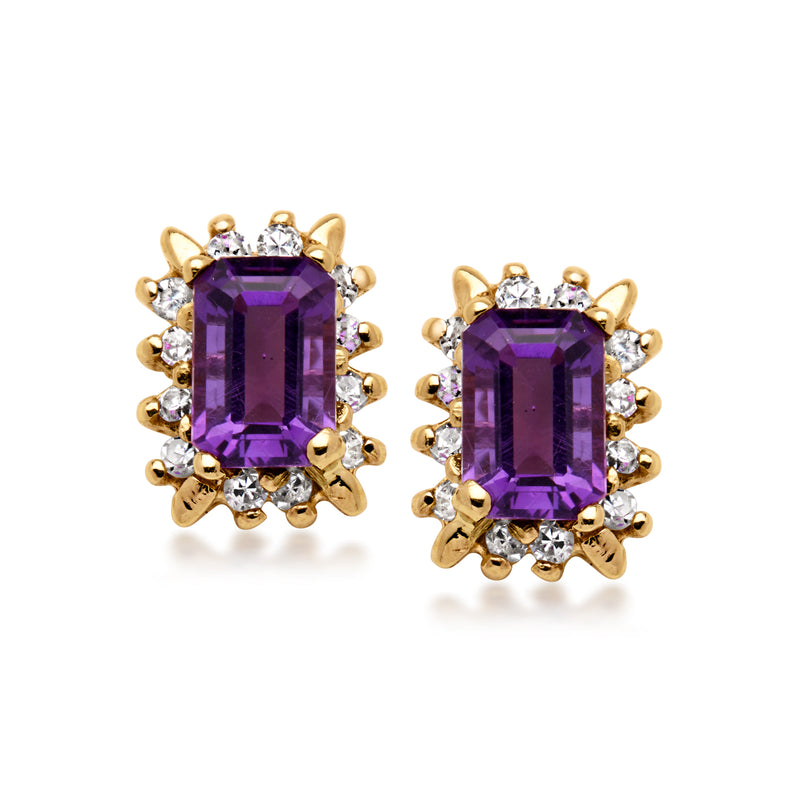 Amethyst and diamond stud earrings in yellow gold, cushion-cut amethyst halo