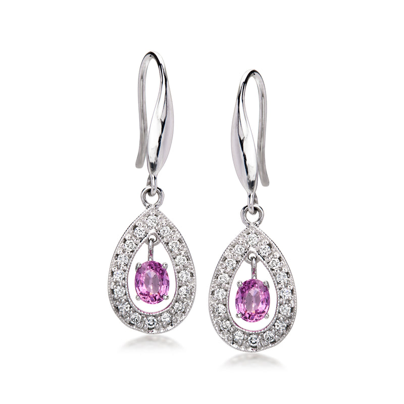 Vintage pear-shaped drop earrings with pink sapphire and diamond halo, white gold