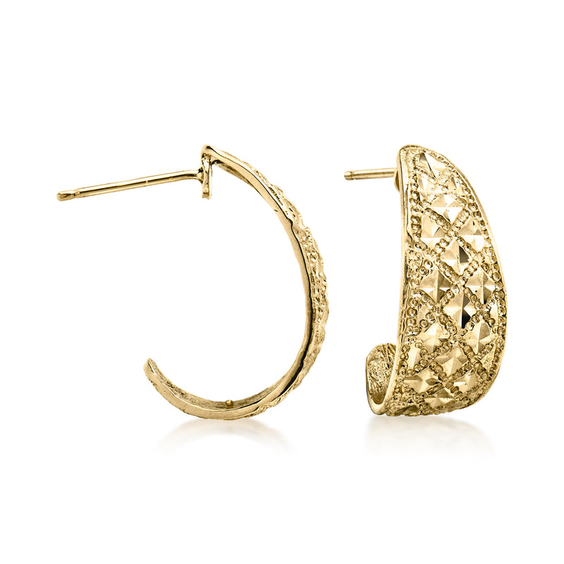 Vintage yellow gold curved hoop stud earrings with textured cutout design, post backs.