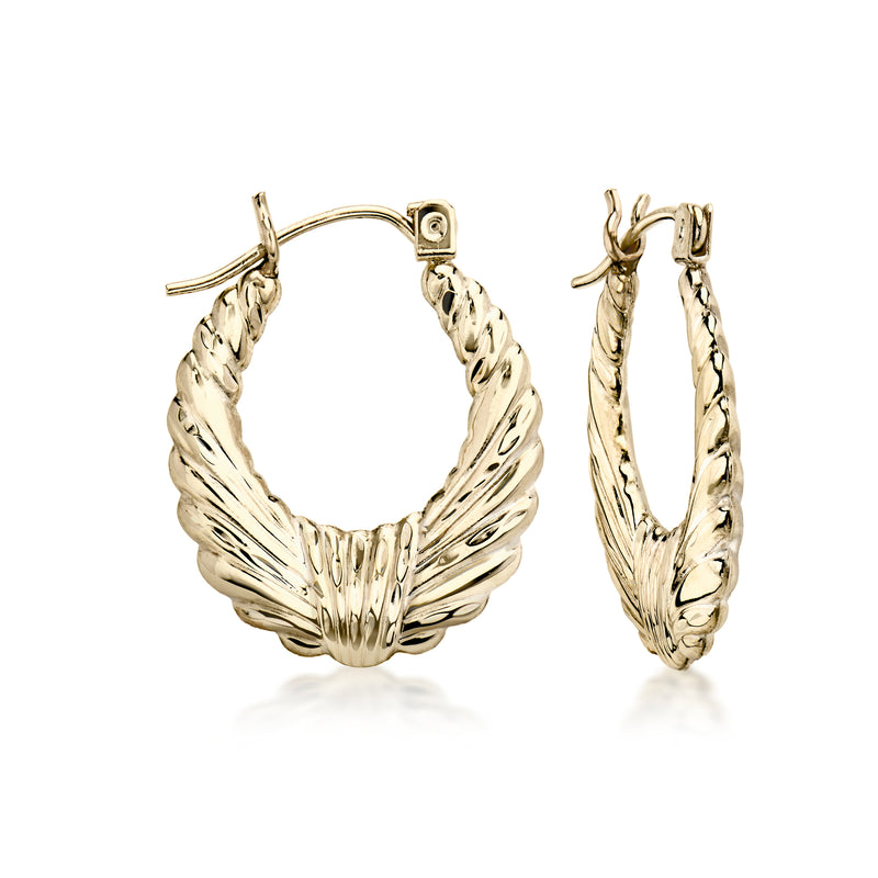 Ribbed yellow gold hoop earrings with oval profile, small post closures