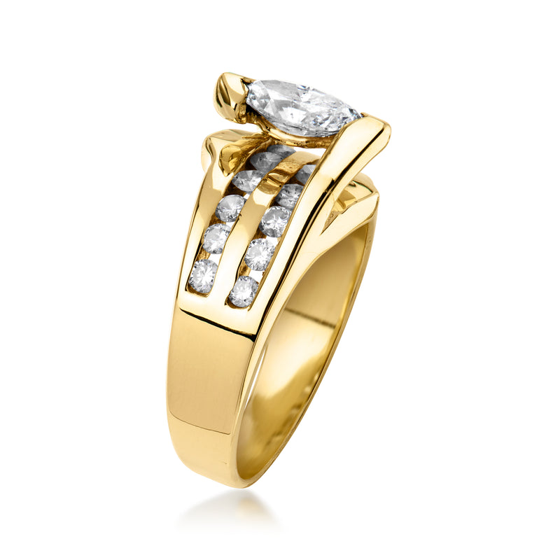 14kt yellow gold vintage diamond ring with marquise center stone and side diamonds