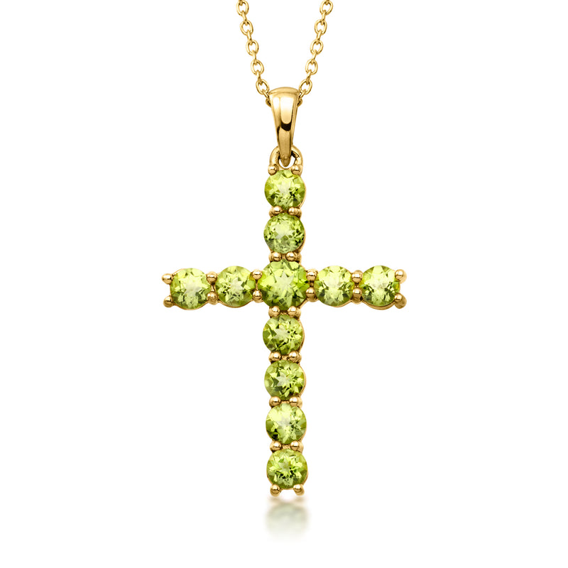 Gold cross pendant necklace with green peridot-style stones and link chain